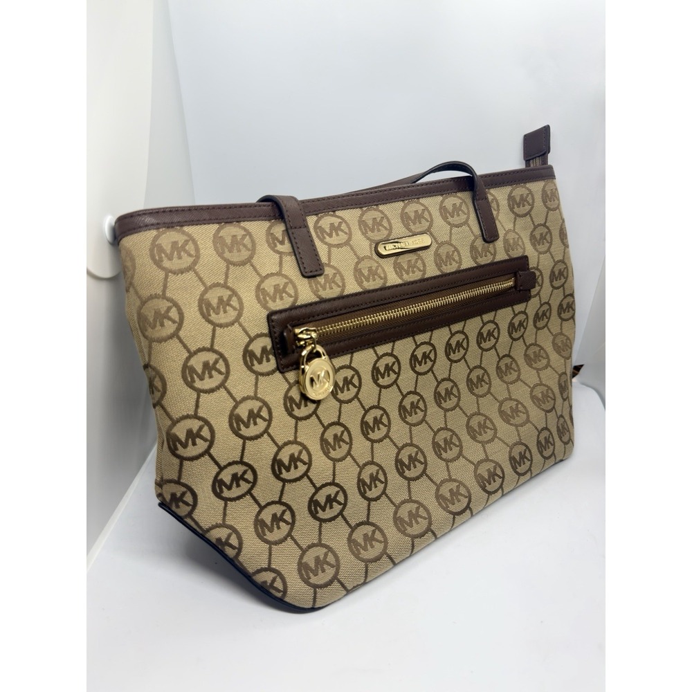 Michael Kors Brown Tan Logo Shoulder Tote Bag Front Zip Pocket Medium